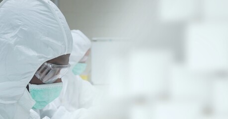 Poster - Composition of scientist in ppe suit working in laboratory and copy space