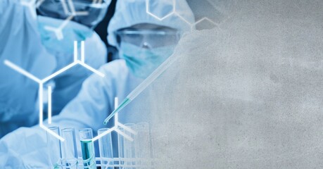 Poster - Composition of scientist in ppe suit with test tubes working in laboratory and copy space