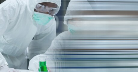 Poster - Composition of scientists in ppe suits working in laboratory and copy space