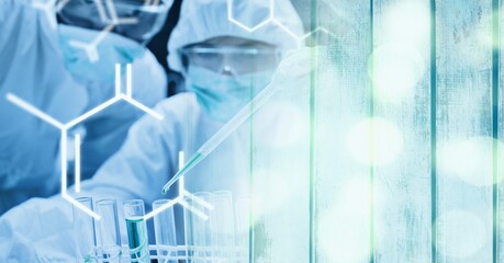 Poster - Composition of scientists in ppe suits with test tubes working in laboratory and chemical compounds