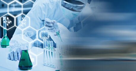 Poster - Composition of scientists in ppe suits with test tubes working in laboratory and chemical compounds