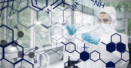 Composition of lab technician at work, with scientic research data interface screen