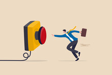 Push Button Call For Emergency Help, Control Or Launch Rocket, Start New Business Or Launch Start Up Company Concept, Cautious Businessman Running In Hurry To Push Red Emergency Button.