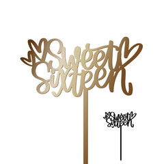 Wall Mural - 16th birthday cake topper with calligraphy words Sweet sixteen and hearts on a stick. Vector design for teenager girl party decoration. Calligraphy sign for laser cutting. 