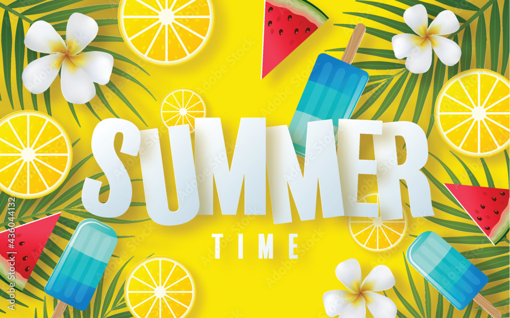 Summer time holiday vector design with beach,colorful tropical flowers ...