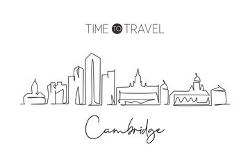 Poster - One single line drawing Cambridge city skyline Massachusetts. World historical town landscape postcard. Best holiday destination. Editable stroke trendy continuous line draw design vector illustration