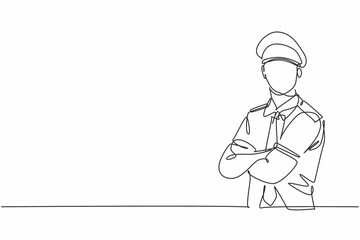 Poster - Single continuous line drawing of young male pilot posing cross his arm on chest before flight. Professional work job occupation. Minimalism concept one line draw graphic design vector illustration