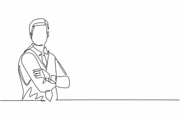 Poster - continuous one line drawing of young handsome male flight attendant posing cross arm on chest. profe