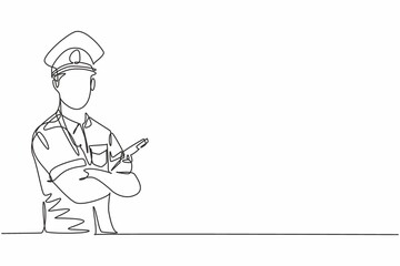 Poster - Single continuous line drawing of young police man posing cross arm on chest while holding gun. Professional work job occupation. Minimalism concept one line draw graphic design vector illustration