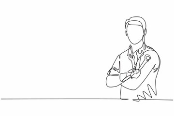Poster - single one line drawing of young male mechanic posing cross arm on chest. professional work professi