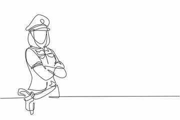 Poster - single continuous line drawing of young beauty police woman in uniform posing cross arms on chest. p