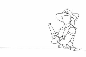 Poster - Single one line drawing of young female firefighter holding water nozzle. Professional work profession and occupation minimal concept. Continuous line draw design graphic vector illustration