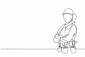 Poster - continuous one line drawing of young handy woman pose cross arms on chest before going to work. prof
