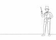 Single continuous line drawing of young male magician in suit standing doing magic trick on stage. Professional work job occupation. Minimalism concept one line draw graphic design vector illustration