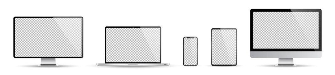 Realistic set of device screen mockup, smartphone, tablet, laptop and monoblock monitor, with isolated screen for you design