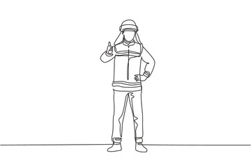 Poster - Single one line drawing of firefighters stood wearing helmets and uniforms complete with a thumbs-up gesture to work to extinguish the fire. Continuous line draw design graphic vector illustration.