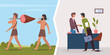 Primitive stone age hunters, business people, evolutionary comparison vector illustration. Cartoon evolution from caveman tribe with meat after hunting to businessman characters shake hands background