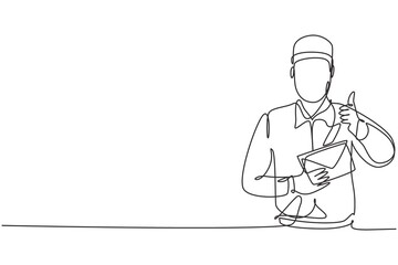 Wall Mural - Single one line drawing of postman wearing a hat and uniform with a thumbs-up gesture holds the envelope to work for delivery to homes. Modern continuous line draw design graphic vector illustration.