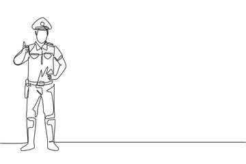 Poster - Continuous one line drawing policeman standing with a thumbs-up gesture and in full uniform works to control vehicle traffic on the highway. Single line draw design vector graphic illustration.