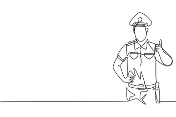 Canvas Print - Continuous one line drawing the policeman with a thumbs-up gesture and in full uniform is ready to enforce traffic discipline on the highway. Single line draw design vector graphic illustration.