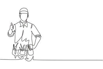 Wall Mural - Single one line drawing of the handyman with the thumbs-up gesture is ready to work on repairing the damaged part of the house. Modern continuous line draw design graphic vector illustration.
