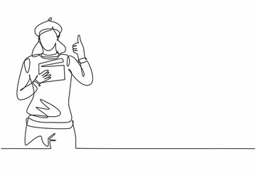 Poster - Continuous one line drawing female film director with a thumbs-up gesture while holding the clapperboard set the crew for studio shooting. Single line draw design vector graphic illustration
