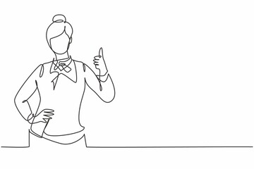 Poster - Single continuous line drawing flight attendant with a thumbs-up gesture is ready to serve airplane passengers in a friendly and warm manner. Dynamic one line draw graphic design vector illustration