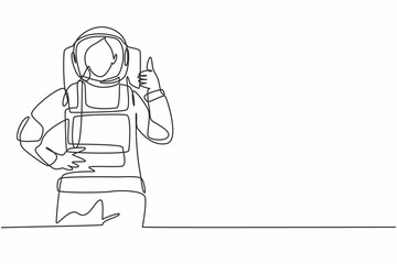 Poster - Single one line drawing of female astronauts with a thumbs-up gesture wearing spacesuits to explore space in search the mysteries of universe. Continuous line draw design graphic vector illustration