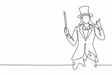 Single one line drawing of female magician with a gesture thumbs up wearing a hat and holding a magic stick ready to entertain the audience. Continuous line draw design graphic vector illustration