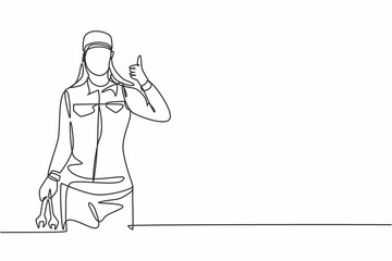 Poster - Single one line drawing of female mechanic with a thumbs-up gesture and holding the wrench works to fix a broken car engine in garage. Modern continuous line draw design graphic vector illustration