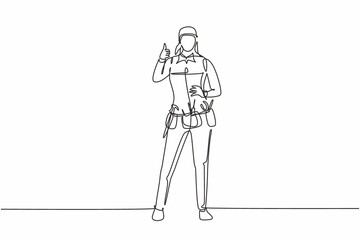 Poster - Continuous one line drawing handywoman stands with thumbs-up gesture and tools such as pliers, screwdriver, hammer that is placed on his work shirt. Single line draw design vector graphic illustration