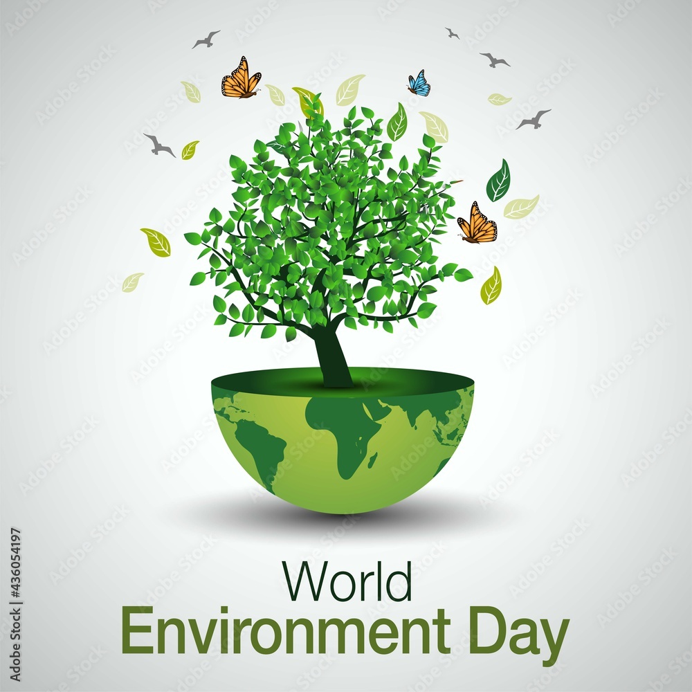 world environment day poster. global earth and green tree, butterflies ...