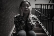 © TheVisualsYouNeed - young beautiful Asian woman in pain suffering depression - dramatic indoors portrait on staircase of sad and depressed Japanese girl as victim of bullying and abuse