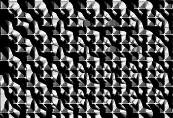 Grungy metallic 3D grid pattern abstract background of embossed and contoured square shapes in black and white