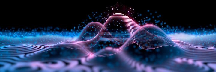 Wall Mural - waves in a digital grid with particles - atomic model