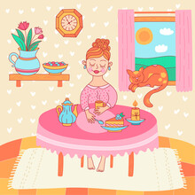 Tea Time Home Girl Cute Vector Illustration