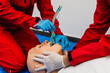 Training for endotracheal intubation using medical dummy. Side view, close - up