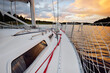 © Alex Stemmer - White yacht sailing after the storm. View of the mast, sails, rigging equipment. 32 feet swedish built cruising sailboat. Mälaren lake, Sweden. Summer vacations, recreation, sport, leisure activity