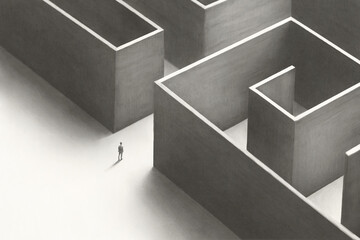 illustration of man solving a big complex maze, abstract concept