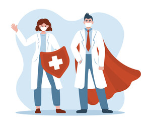 Two doctors superhero are wearing a mask. Woman is holding a Shield and man in superhero's cloak. Flat vector illustration with happy characters isolated on white background. Medical workers. 