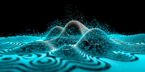 Wall Mural - waves in a digital grid with particles - atomic model
