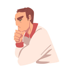 Poster - Thinking Young Man, Portrait of Thoughtful Person with Pensive Face Expression Cartoon Vector Illustration