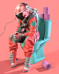 Wall Mural - Astronaut sitting on the toilet and pink background. 3D illustration