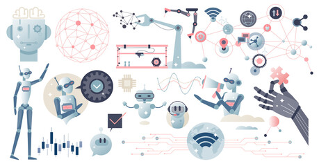 Wall Mural - Artificial intelligence or AI with digital robots tiny person collection set. Technology items with deep learning, cyberspace engineering and neural tech development elements vector illustration.