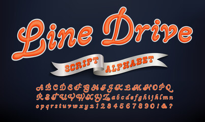 Wall Mural - Line Drive is a baseball style script sports alphabet, with the effect of puff fabric printing or embroidery. Good for team insignias, logos, and sportswear branding.