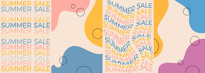 Poster - Summer Sale Banner Set Design. Wavy Text and Bright Colorful Background with Shapes. Vector Advertising Illustration.