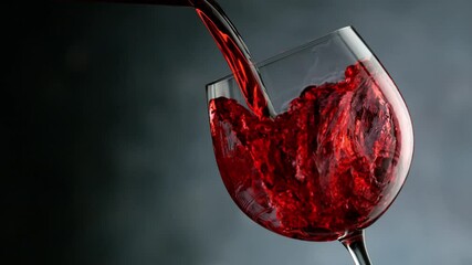 Leinwandbilder - Super slow motion of pouring red wine into glass in detail, speed ramp effect. Filmed on high speed cinema camera, 1000 fps