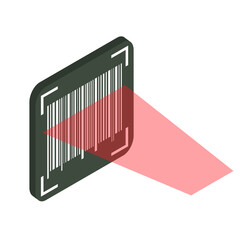 Bar code verification concept. Machine-readable barcode. The process of scanning with a laser. Vector isometric illustration