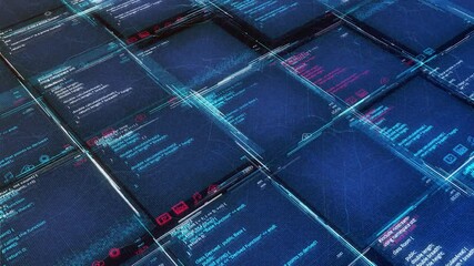 Poster - Structure of program interface in computer. Animation. Bright blue background with computer database in form of program codes. Software in table cells