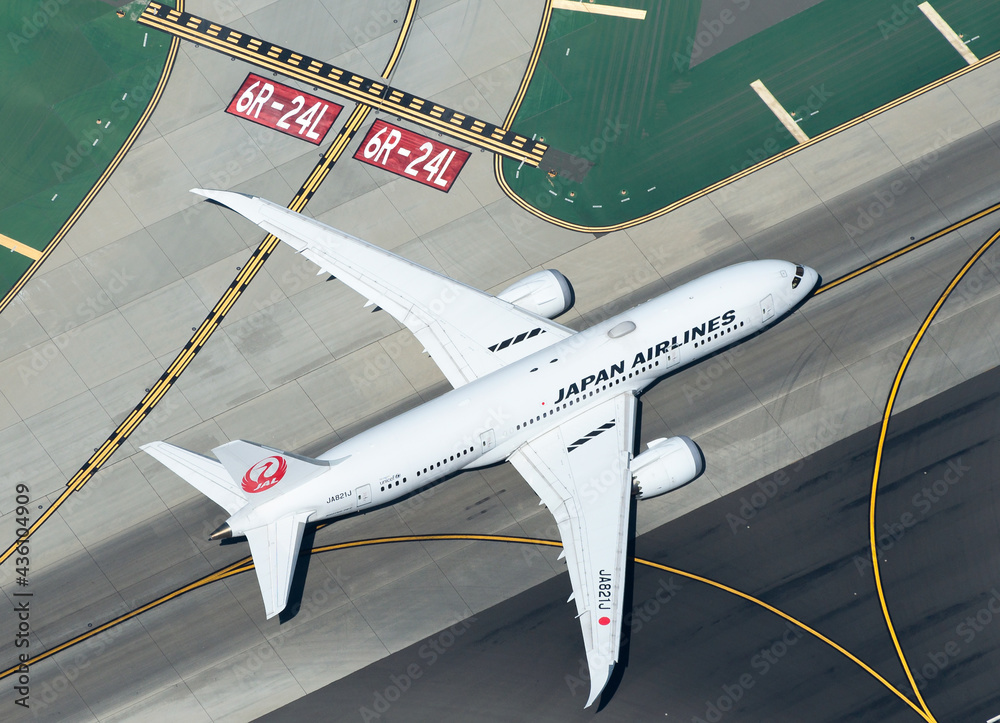 Aerial view of Japan Airlines Boeing 787 Dreamliner JA821J